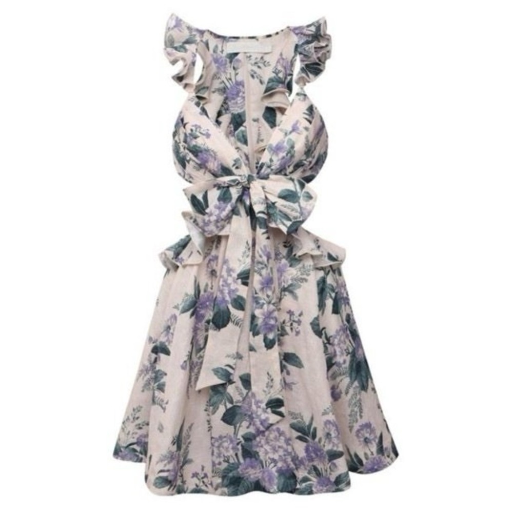 Zimmermann‎ Cassia Ruffle Mini Dress Hydrangea Floral Linen Size 1 (US 4)